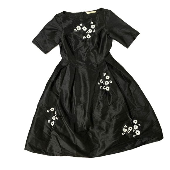 eSkahti | Quincy Dupioni Black Floral Lined Midi Length Dress Size Small - Picture 6 of 7
